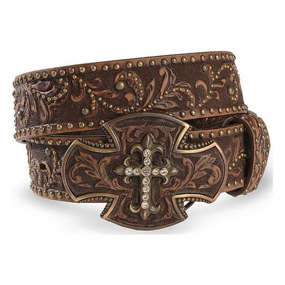 Tony Lama beautiful cross leather brown belt ✝️